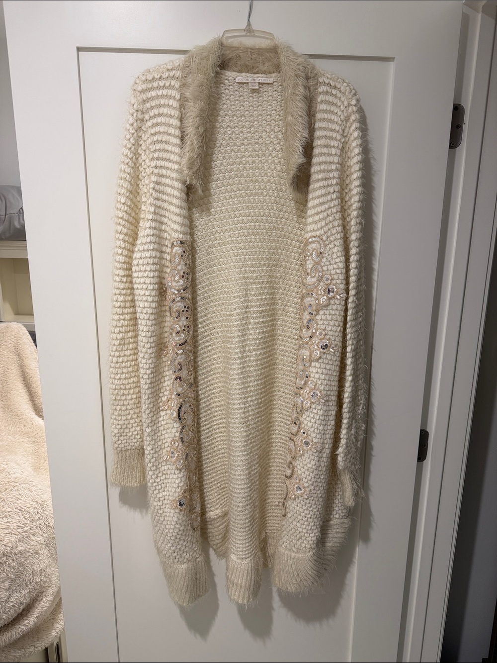 Vintage XL Boston Proper Cream Open-Front Sequin Embellished Women’s Duster